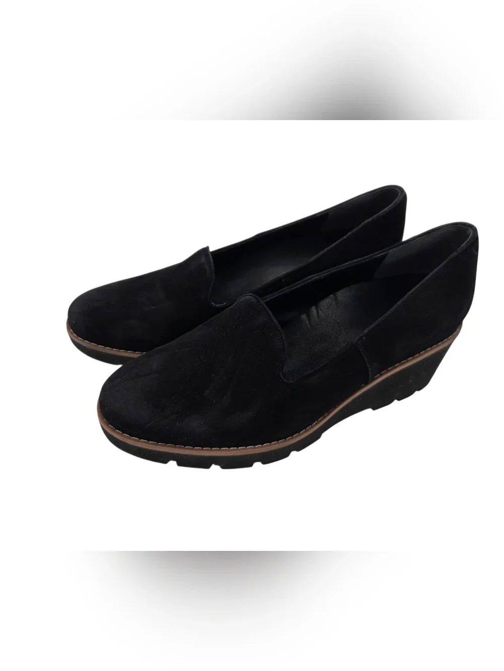 Vionic Black Suede Willa Wedge Loafers Slip-On Shoes Size 10